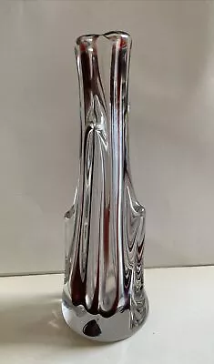 Buy Vintage 60s Bohemian Czech Art Glass Vase Clear With Red Stripe 33cm • 70£