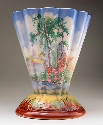 Buy Falcon Wear Art Deco Ceramic Vase Conical Scalloped Hand Painted Woodland Scene • 85.97£