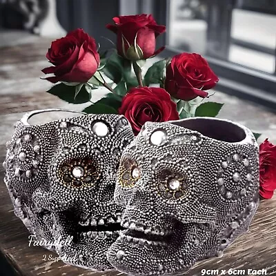 Buy 2 Skull Candle Tealight Holders Silver Studded Gothic Grinning Skull Ornaments • 10.95£