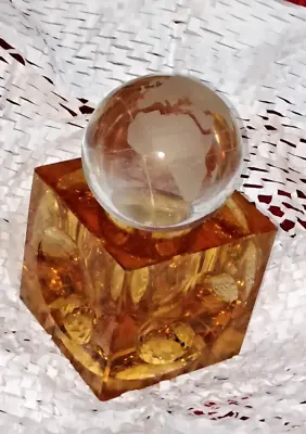 Buy Clear Glass Laser Etched Globe Paperweight + Amber Colour Glass Block Desk Tidy • 12£