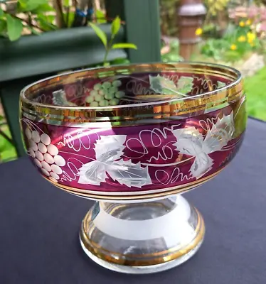 Buy Vintage CRYSTALEX Bohemian Cut To Clear Ruby Cranberry Glass Footed Bowl • 15£