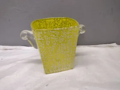 Buy  Square Art Glass Ice Bucket / Vase Yellow  White Crackle Glaze Curled Handles  • 16.77£