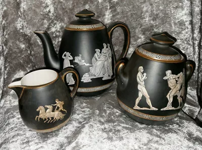 Buy Pratt In Fenton  Old Greek  Antique Gilded Black Matte Pottery Serving 3 Pieces  • 47.99£