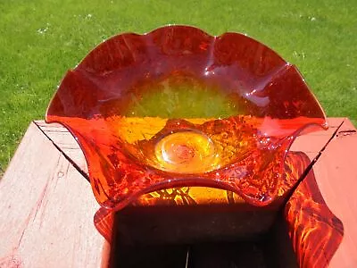 Buy Vintage Blenko Tangerine Crackle Glass Large Ruffled Bowl 10 1/2  Diam • 62.33£