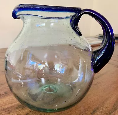 Buy Vintage Mexican Hand Blown Glass Blue Rimmed Large Round Jug • 10£
