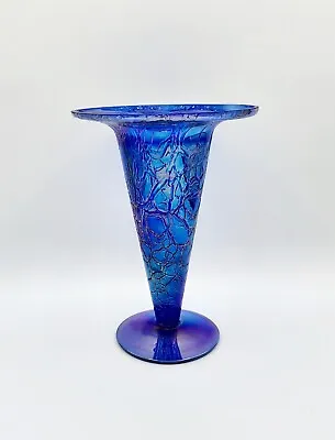 Buy Antique Dugan Glass Blue Carnival Deep Crackle Trumpet Blown Glass Vase RARE HTF • 354.93£