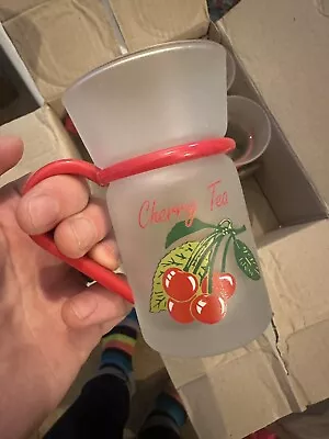 Buy Vintage 60’s/70s Cherry Tea Frost Glass Mugs W/ Red Plastic Handles X 6 Theeglas • 29.99£