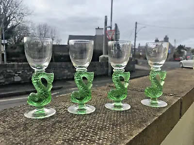 Buy Set Of 4 1930s Czech Art Deco Green Glass Dolphin Stem Bar Shot Drinking Glasses • 120£