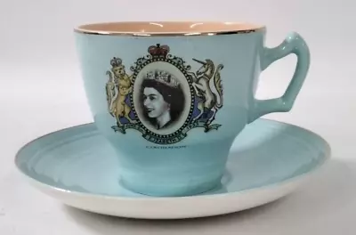 Buy George Clews & Co Ltd Tea Cup & Saucer-Queen Elizabeth Coronation-Duck Egg Blue • 9.99£