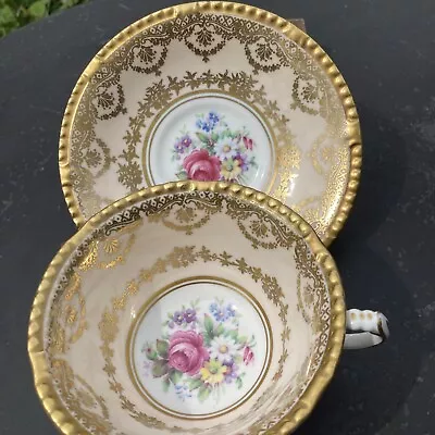 Buy Vintage Paragon Gilt & Peach-pink Cabinet Cup Cabbage Rose Floral Bouquet C50s • 38£