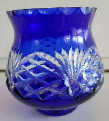 Buy Cobalt Blue Cut To Clear Glass Votive Candle Holder Bohemian Czech 3.5 Inches • 71.15£