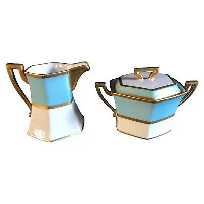 Buy Limoges Cream And Sugar Charles R. Lynde Boston Turquoise Blue White Gold • 70.87£