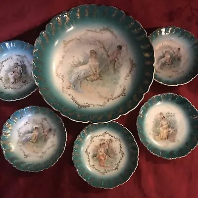 Buy Antique Bavarian Porcelain Berry Bowl Set Neoclassical Cherubs Putti Teal #1 • 66.40£