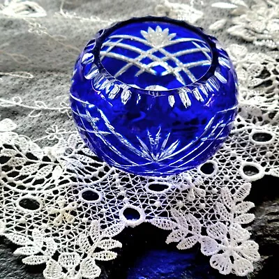 Buy Czech Bohemian Cobalt Blue Cut To Clear Crystal Glass Candle Holder Votive Nice! • 15.18£