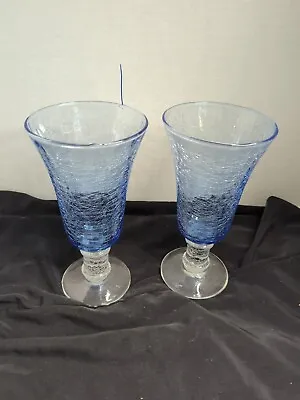 Buy Handblow Blue Crackle Glass Ice Tea Footed Tumbler 7.5  Water Set Of 2 • 28.45£