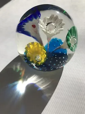Buy Glass Paperweight Flowers Vintage Controlled Bubbles Gorgeous Yellow Blue • 8.53£