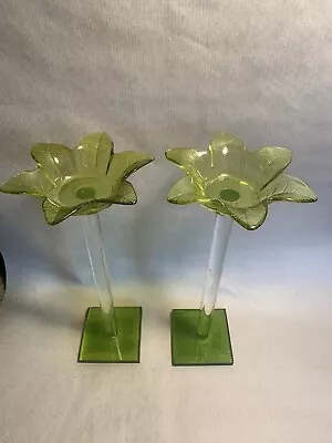 Buy Pair Of Glass Leaf Shape Single Tree Tealight Holders With Two Tea Lights • 9.99£