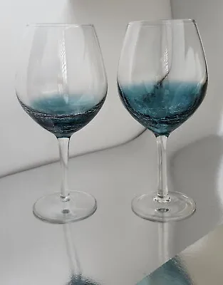 Buy Set Of 2 Pier 1 Crackle Glass Balloon Wine Glasses Teal Turquoise Blue 8.5  Mint • 56.85£