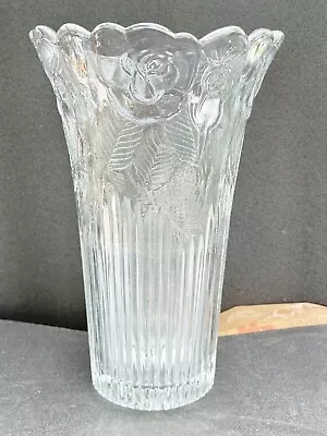 Buy Vintage Tall Pressed Glass Vase Ribbed With Floral Rose Edge Pattern • 19.99£