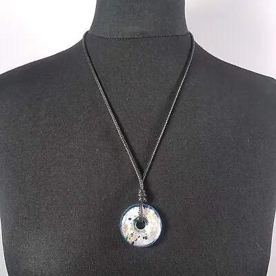 Buy DICHROIC GLASS Pendant Necklace Round Circle Blue Silver Cord Studio Made BIZART • 3.99£