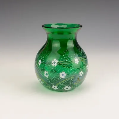 Buy Vintage Okra Glass - Greenwood Design - White Flower Decorated Vase - Signed • 8.50£
