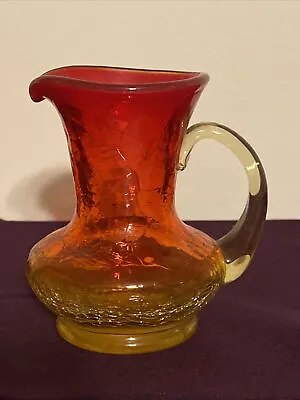 Buy Hand Blown Cracked Glass Amberina Red Yellow Orange Small Pitcher/Vase Handle 4” • 14.47£