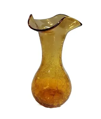 Buy Vintage Amber Crackle Glass Vase Ruffled Rim Handblown MCM 6.75 In • 20.78£