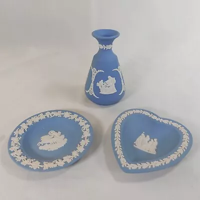 Buy Wedgwood Jasper Ware Bud Vase & 2 Trinket Trays Pin Dishes Blue White • 14.95£