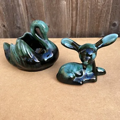 Buy Blue Mountain Pottery Swan Planter And Fawn /Deer Vintage  Canada Teal Dripware • 29.99£