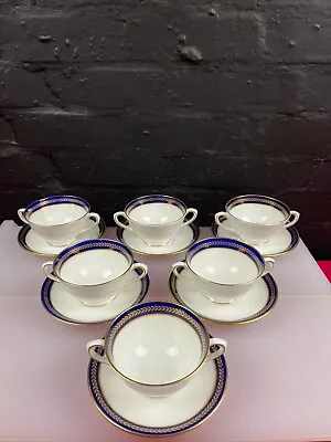 Buy 6 X Coalport Blue Wheat Soup Coupes Bowls And Stands / Saucers Set • 99.99£