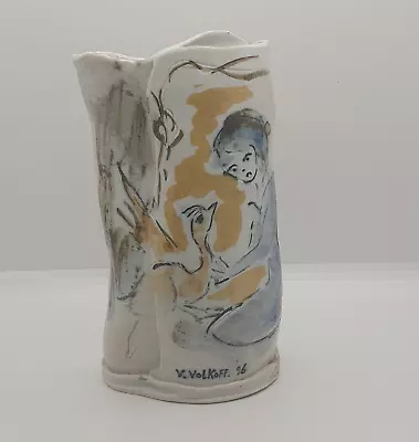 Buy Voldemar Volkoff French Vallauris Studio Pottery Painting Scene Girl & Bird Vase • 125£