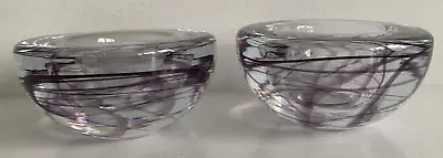 Buy Pair Of Scandinavian Style Art Glass Bowl Candle Holders Clear With Purple Swirl • 19.99£