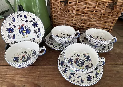 Buy 4-Vintage PV Deruta Italy Singing BLUE ROOSTER Cups & Saucers • 75.78£