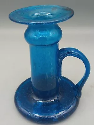Buy Vintage Blue Bubble Glass Candle Stick Chamber Stick With Handle Height 10cm • 3.99£