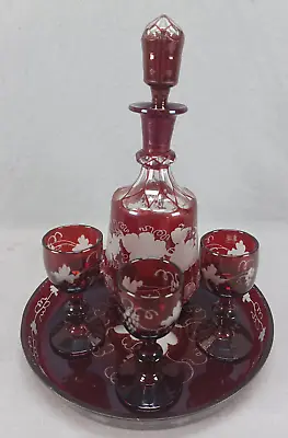 Buy Bohemian Ruby Stained Engraved Grapevine & Honeycomb Cut Liquor Set C.1870-1880s • 153.93£