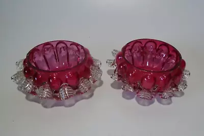 Buy 2 Antique Cranberry Glass Open Salt Cellars, Applied Clear Rigaree Frills • 17.95£