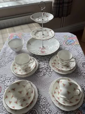 Buy Pretty Vintage Bone China Mismatched Tea Set & Cake Stand Pink Roses/ Buds • 30£