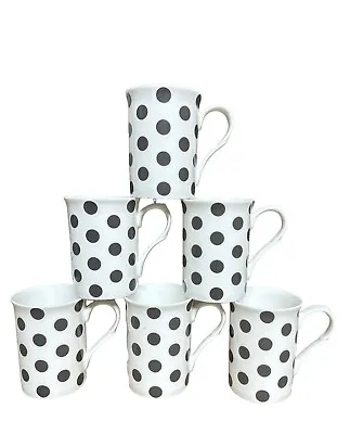 Buy 6 Dark Grey Polka Dot Mugs Set White Fine Bone China Tea Mug Coffee Cup Set • 23.99£