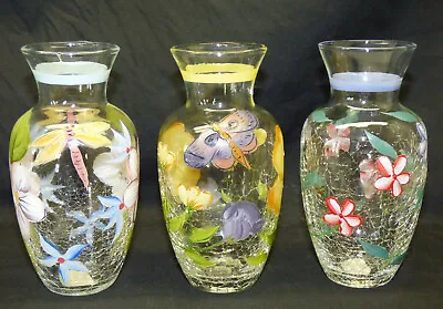 Buy Set Of 3 Fifth Avenue Crystal Crackle Glass Vase Painted Flower Insect Butterfly • 11.51£