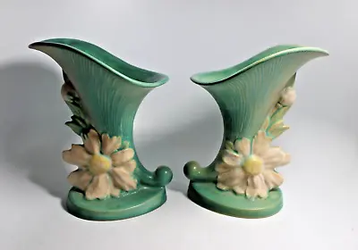 Buy Pair Of Vintage Roseville Vase 171-8” Flower Cornucopia Green & Pink Peony C1942 • 94.37£