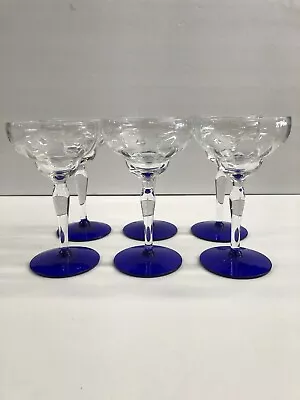 Buy Vintage Antique Cut Glass Cobalt Blue Champagne Glasses Floral La Coup Set Of 6 • 56.67£