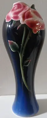 Buy Franz Porcelain XP1816 Dark Blue With Pink Roses -  Elegant Vase 23cm • 49.99£