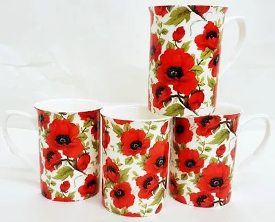Buy Red Poppy Mugs Set Of 4 Fine Bone China Poppies Mugs Hand Decorated In UK • 22.50£