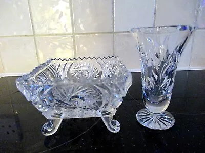 Buy Vintage Bohemian Czech Lead Crystal Cut Glass Pinwheel Design Bud Vase & Dish • 9.99£