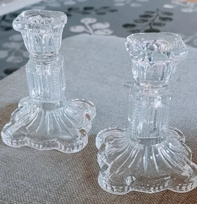 Buy Pair Of Clear Pressed Glass Candle Holders 4.5  Tall EXCELLENT CONDITION  • 10£
