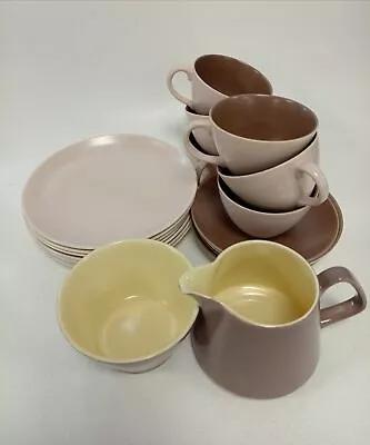 Buy Vintage Poole Pottery Twin Tone Mushroom Cups Saucers Side Plates Milk Jug Bowl • 4.99£