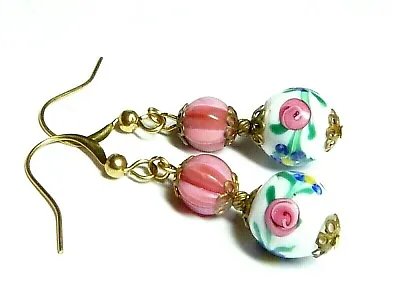 Buy Vintage Art Deco Czech Lampwork & Pink Satin Glass Earrings Match 30s Necklaces • 14.99£