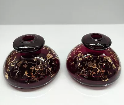 Buy Vtg Ruby Red Glass Candlestick Wick Holders Bud Vase, Gold Design, Made In Italy • 23.06£