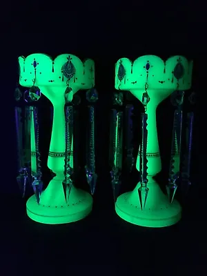 Buy Pair Of Victorian Uranium Opaline Glass Green Lustre Vases 25cm Tall Bohemian  • 795£
