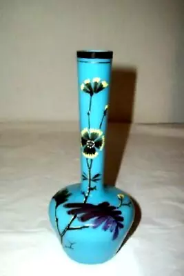 Buy ANTIQUE 1890s FRENCH BLUE OPALINE GLASS BUD VASE HAND PAINTED FLOWERS PETITE • 67.24£